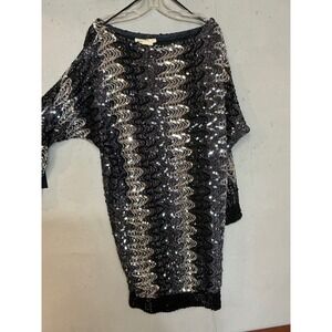 Club wear ANN GREEN Sequin Zig Zag Wave Pattern Black Silver Gold Dress Small